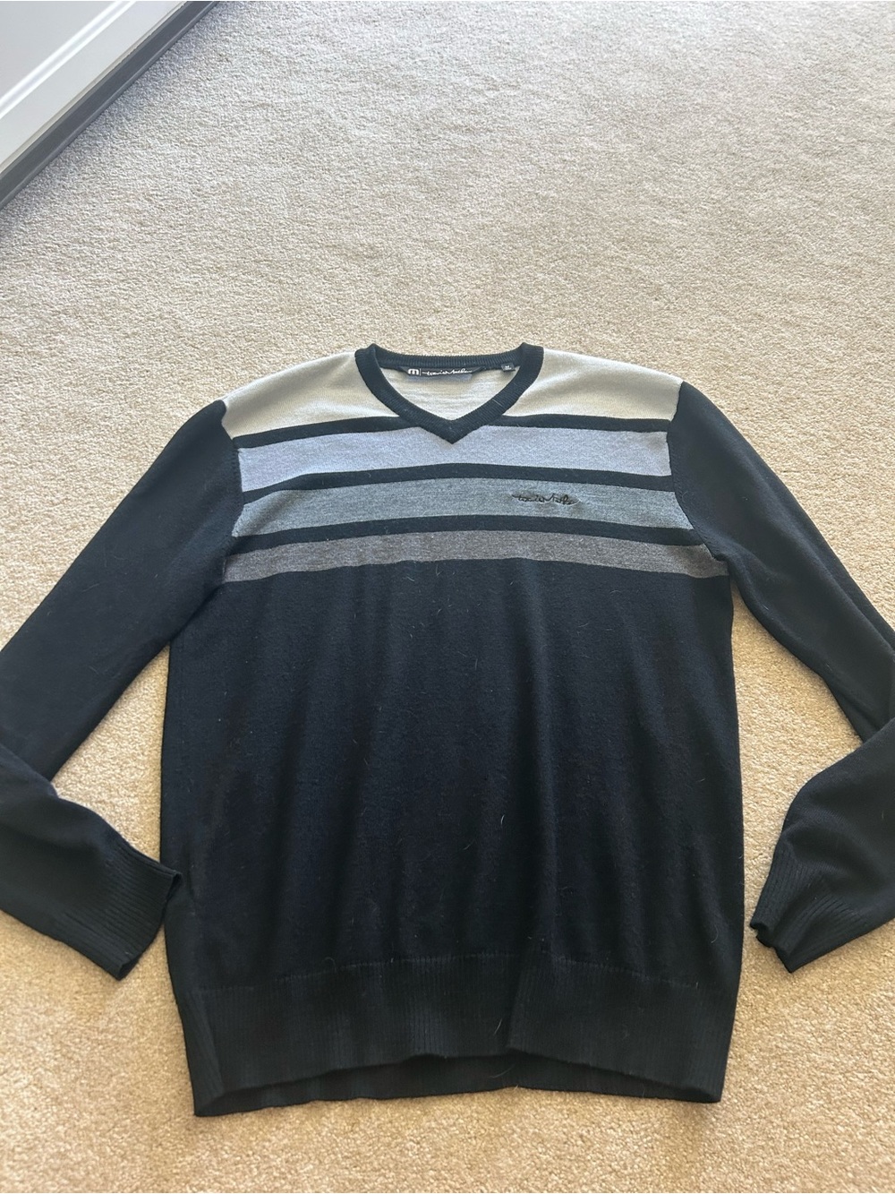 Travis Mathew Men's V-Neck Sweater in Black with Gray Stripes